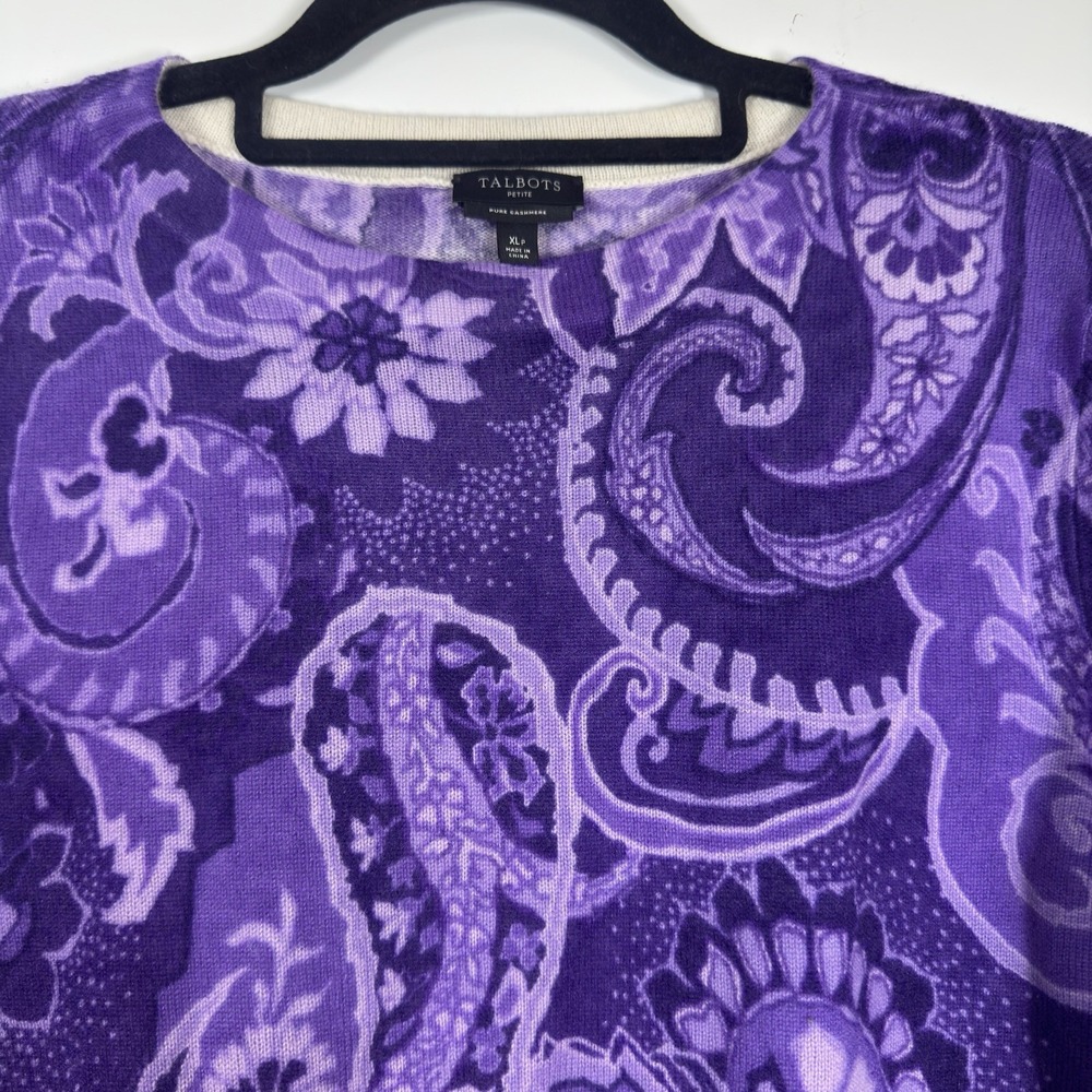 Talbots Petite XL Purple Paisley 100% Pure Cashmere 3/4 Sleeve Sweater Pullover - Picture 2 of 9
